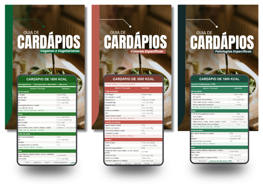 Guias de Cardápios de Veganos e Vegetarianos, Calorias Específicas e Patologias Específicas, cada um com o cardápio aberto na planilha